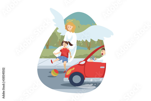 Christianity, religion, protection, rescue, care, support concept. Angel biblical religious character saving young child kid girl from car accident death. Divine support and health care illustration.