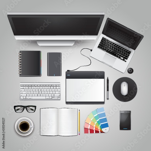 office and desk supplies on white background