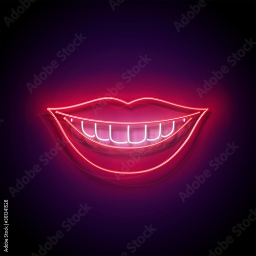Glow Beautiful Smile with White Teeth and Red Lips. Dentist Clinic Concept Template. Neon Light Poster, Flyer, Banner, Signboard. Glossy Background. Vector 3d Illustration