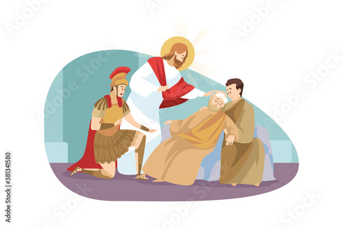 Religion, bible, christianity concept. Jesus Christ son of God Messiah prophet biblical character makes miraculous healing of unconscious old man by touching him. Divine help and blessing illustration
