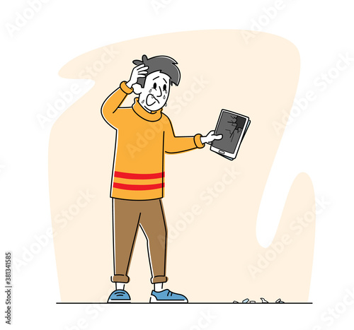 Upset Male Character Holding Broken Tablet with Splinters on Ground. Man with Smashed Gadget on Street Unlucky Situation