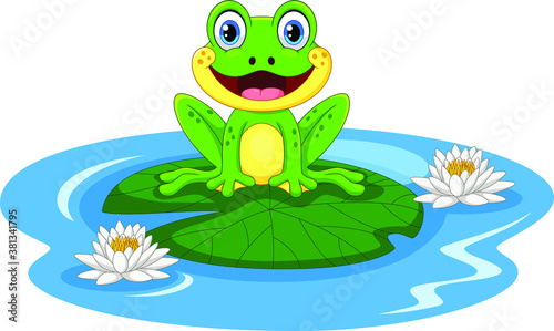 Cartoon frog on a leaf in the pond