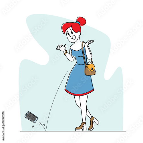 Upset Female Character Drop Smartphone on Ground. Woman with Broken Gadget on Street. Unlucky Situation Negative Emotion