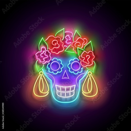 Dia de Los Muertos Greeting Card Template with Sugar Skull, Catrina Calavera. Day of the Dead Postcard. Shiny Neon Poster, Flyer, Banner, Postcard. Glossy Background. Vector 3d Illustration