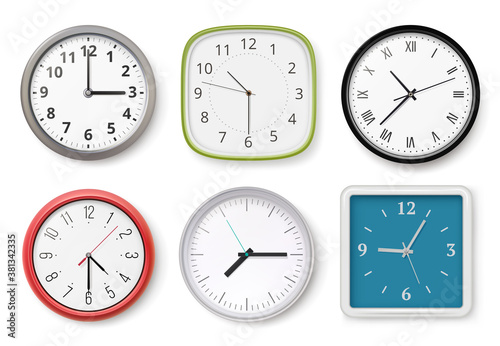 Realistic clocks. Modern wall clocks business chronometer dial arrows light and dark templates. Collection clock office, time watch realistic illustration