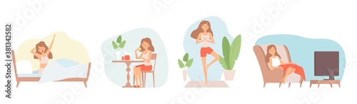 Weekend relax. Stay at home, isolation period. Single woman eat, watch tv doing yoga vector illustration. Relax lifestyle, sitting relaxation weekend