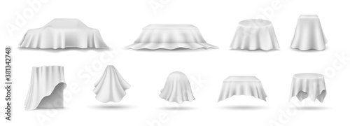 Set of draped table covers. Realistic hanging napkin, tablecloth, curtain.