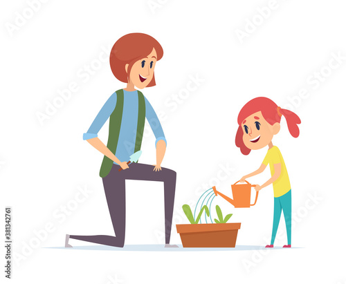 Gardening time. Woman girl planting grass and watering with water can. Little baby and mother working in garden vector illustration. Mother and daughter plants green flower