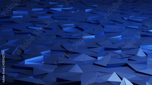Abstract background with triangulated surfaces. Illustration with blue polygonal shapes. Minimalistic design with low poly elements. 3d render.