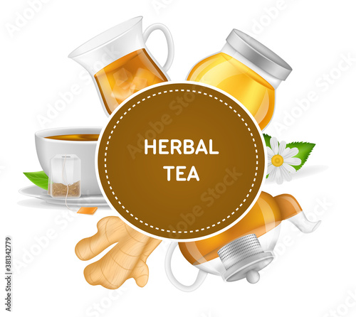 Realistic ceramic cup with hot fresh black tea on saucer with mint leaves, ginger tea, teapots with ginger root, ground roots in tea leaves vector