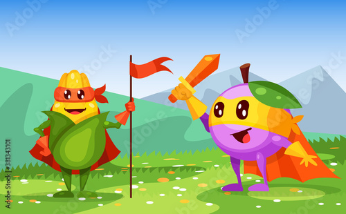 Funny cartoon character fruit plum in superhero costume at masks emotion with hands up, corn with flag in hand. Vegetable character super hero product fun food costume vector illustration