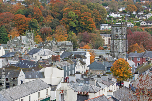 An aerial view of the market town of Tavistock, Devon UK,  on the edge of Dartmoor National Park, dominated by the fifteenth century parish church of  St Eustachius