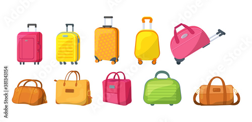 Travel luggage, plastic case, metal backpacks and leather bag. Travel suitcase with wheels, journey package, business travel bag, trip luggage. Vector backpack suitcase for journey, vacation