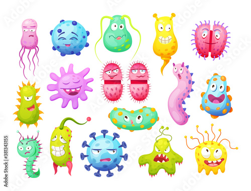 Microorganism, bacteria, microbes, cute germs, virus cell, bacillus with funny smiley faces. Viruses bacteria emoticon, microbe monsters smiling pathogen microbes coronavirus cartoon characters