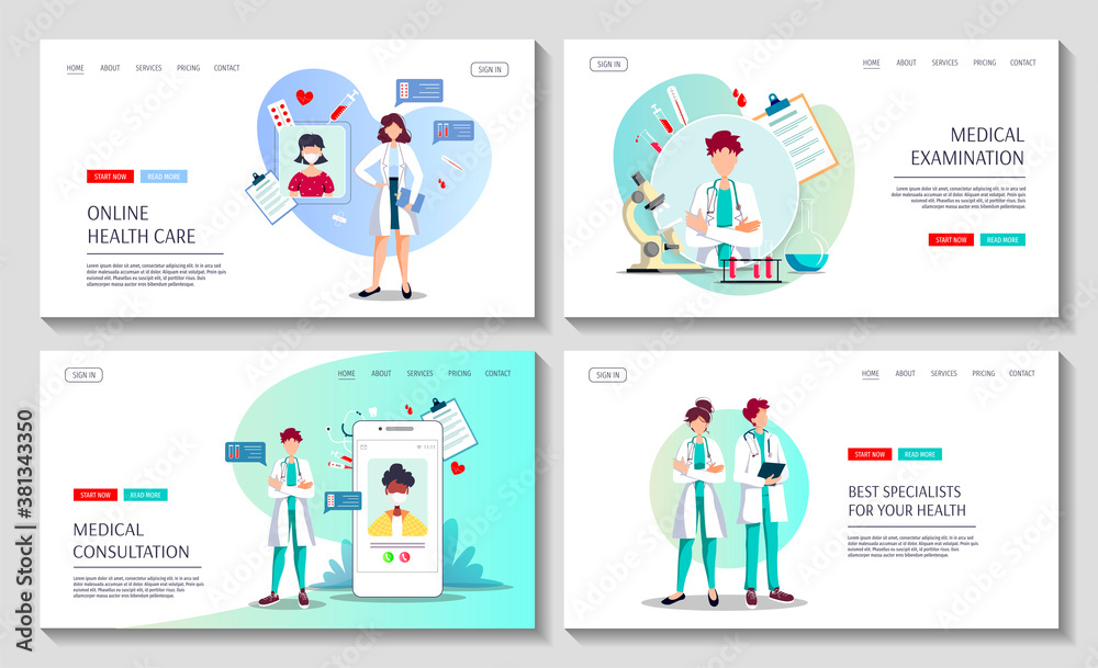 Set of web pages for Medical consultation, Online doctor, Laboratory diagnostic, Medicine clinic and health care. Vector illustration for poster, banner, website, presentation.