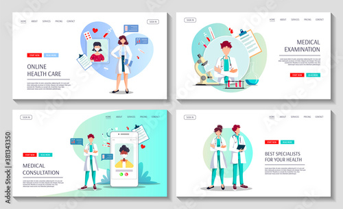 Set of web pages for Medical consultation, Online doctor, Laboratory diagnostic, Medicine clinic and health care. Vector illustration for poster, banner, website, presentation.