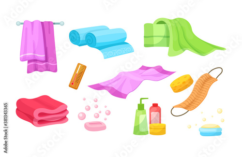 Bath accessories cartoon set. Differents bath towels, bathrobes, hygiene products, towels in stack rolled, clothes dryer, hanging accessories, soap dishes, brooms for bathroom cartoon