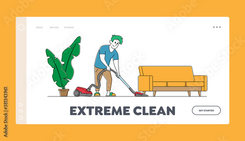 Every Day Routine, Weekend Chores Landing Page Template. Character Vacuuming Home with Vacuum Cleaner in Room