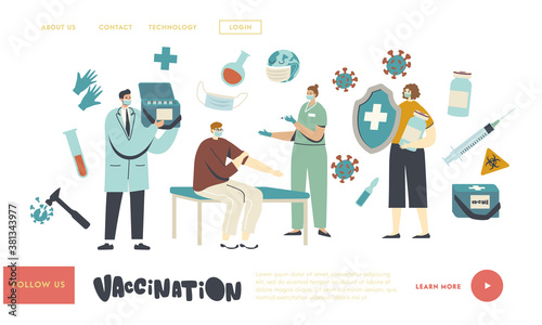 Medical Vaccination, Immunization Landing Page Template. Character Hold Huge Shield, Nurse Making Vaccine Shot to Man