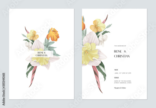Floral wedding invitation card template design, various types of flowers and leaves bouquet