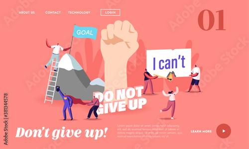Motivation and Aspiration Landing Page Template. Tiny Characters Overcome Obstacles, Climbing on Rock, Goal Achievement