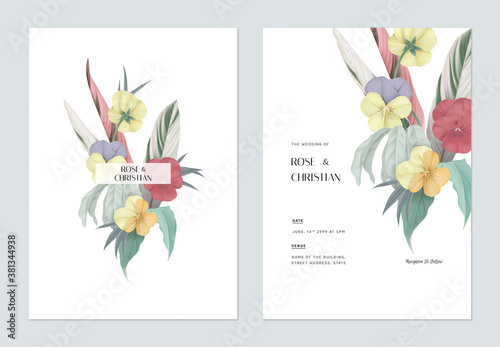 Floral wedding invitation card template design, various types of flowers and leaves bouquet