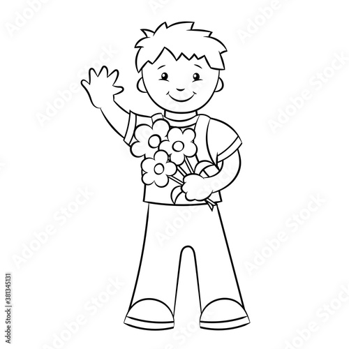 Coloring page, schoolboy boy with a bouquet