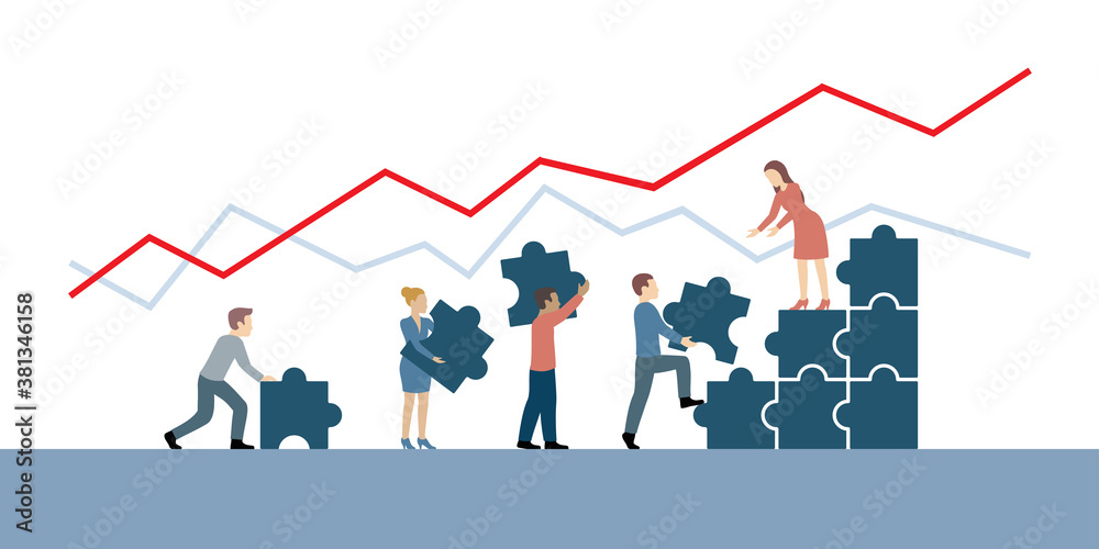 Co-working with puzzle pieces - people team with growth graph  - business strategy and profit - vector concept