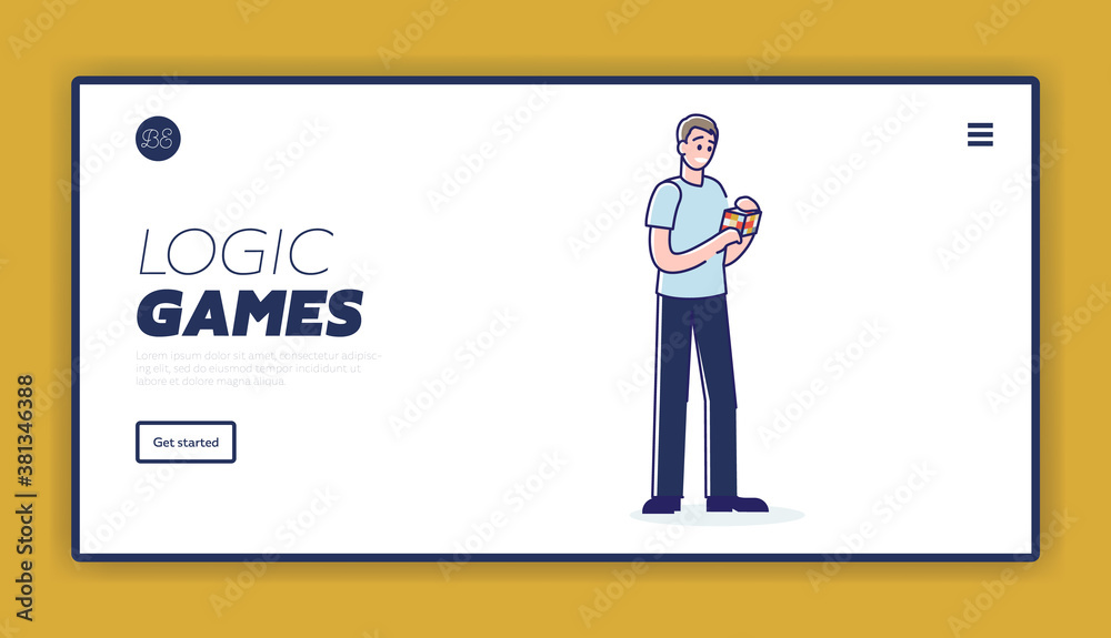 Logic games landing page design with man solving logical rubik cube puzzle Logic games landing page design with man solving logical rubik cube puzzle
