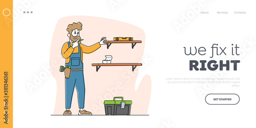 Furniture Assembly Service Landing Page Template. Carpenter Worker Character with Tools and Level Assembling Furniture