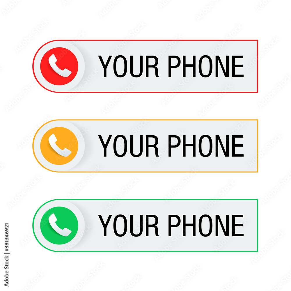 Phone button - template for phone number in website header - conspicuous element with phone headset pictogram in three color variations Phone button - template for phone number in website header - conspicuous element with phone headset pictogram in three color variations