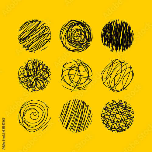 Set of round doodle black elements scratched with black lines