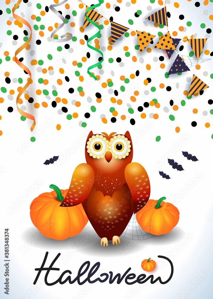 Naklejka premium Halloween background with owl, confetti, streamers. Vector illustration eps10