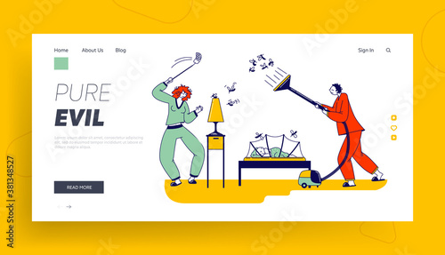Couple Characters Fighting with Mosquito at Night Landing Page Template. Man and Woman Use Vacuum Cleaner or Fly Swatter