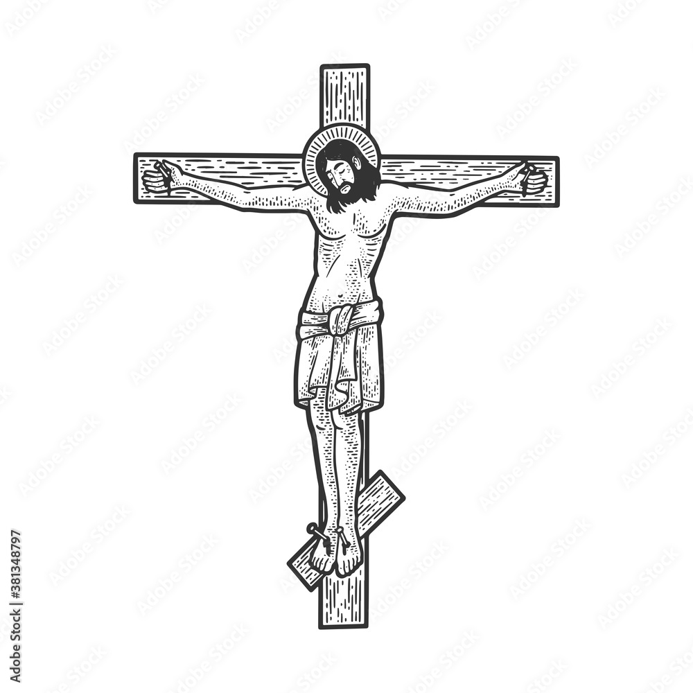 jesus christ crucifixion on cross religious symbol of christianity sketch engraving vector illustration. T-shirt apparel print design. Scratch board imitation. Black and white hand drawn image.