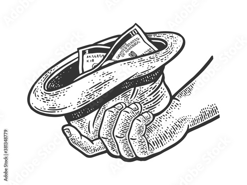 beggar hand with hat and money sketch engraving vector illustration. T-shirt apparel print design. Scratch board imitation. Black and white hand drawn image.