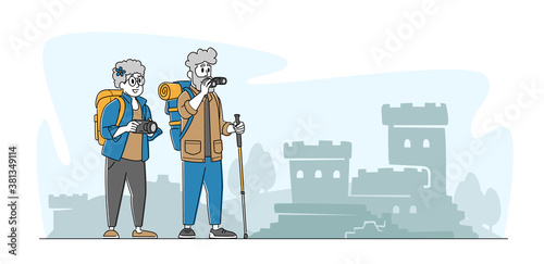 Senior Couple Characters Making Picture of Ancient Architecture Landmark in Trip. Elderly People Traveling with Camera