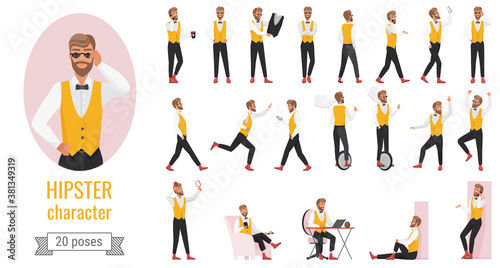Hipster character poses infographic vector illustration set. Cartoon flat young bearded hipster man in yellow vest, walking with smartphone, working on laptop in different postures isolated on white