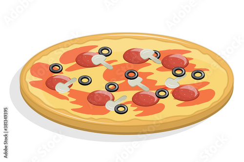 Flavorful pizza isolated on a white background. Vector illustration in flat cartoon style. Pizza with mushrooms, salami sausage and olives with red sauce..