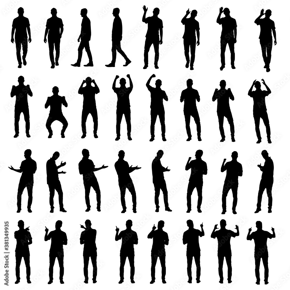 Fototapeta Collection of different business man silhouettes. Cheering excited as fan, using touch screen interface or presenting and welcoming. Easy editable vector isolated on white background.