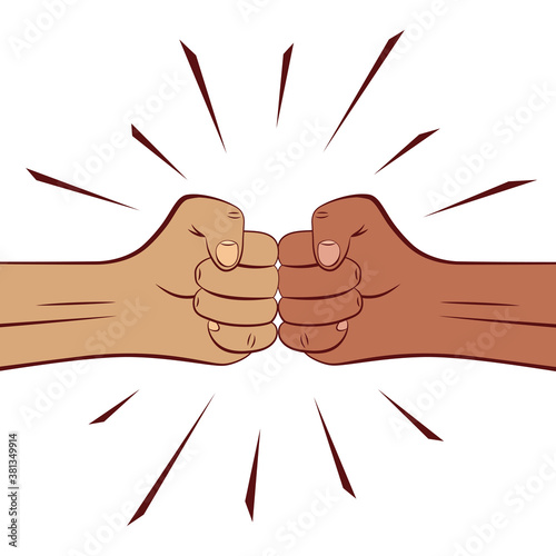 Two clenched male fists bumping together