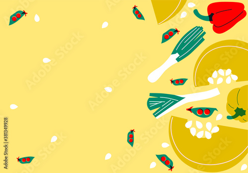 Vector frame vegetables flat style. Background for your text. Autumn print harvest. Peas, pepper, pumpkin ingredients. Funny cartoon vegetables template download