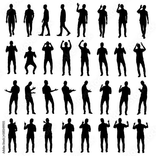 Collection of different business man silhouettes. Cheering excited as fan, using touch screen interface or presenting and welcoming.  Easy editable vector isolated on white background.