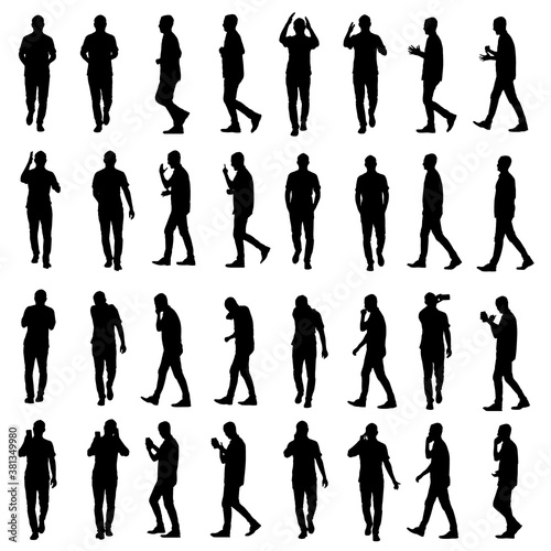 Set of many business people silhouettes. Walking, arguing, using phone and couching. Easy editable vector isolated on white background.