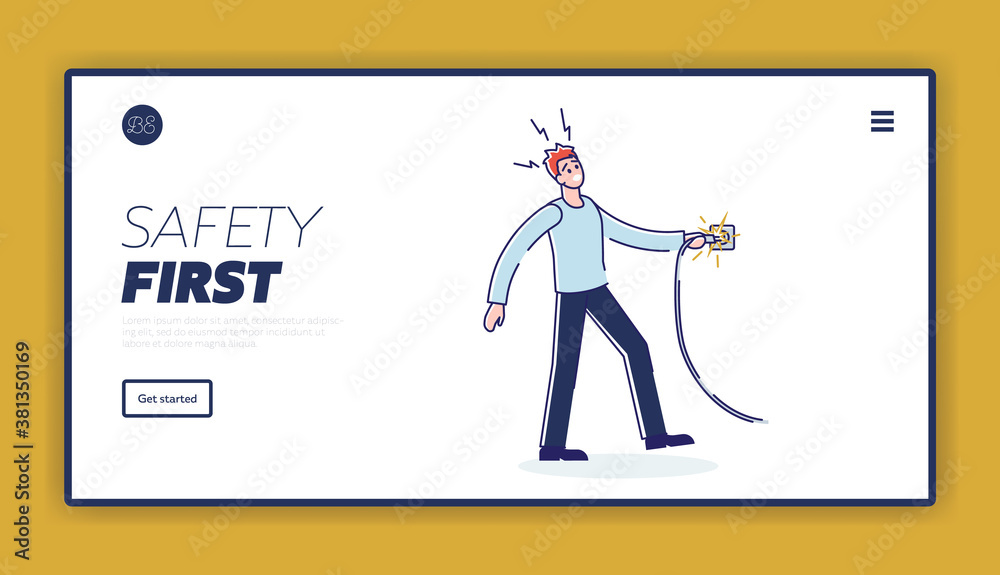 Electric safety landing page template with man getting electric shock from cord