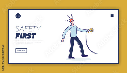 Electric safety landing page template with man getting electric shock from cord