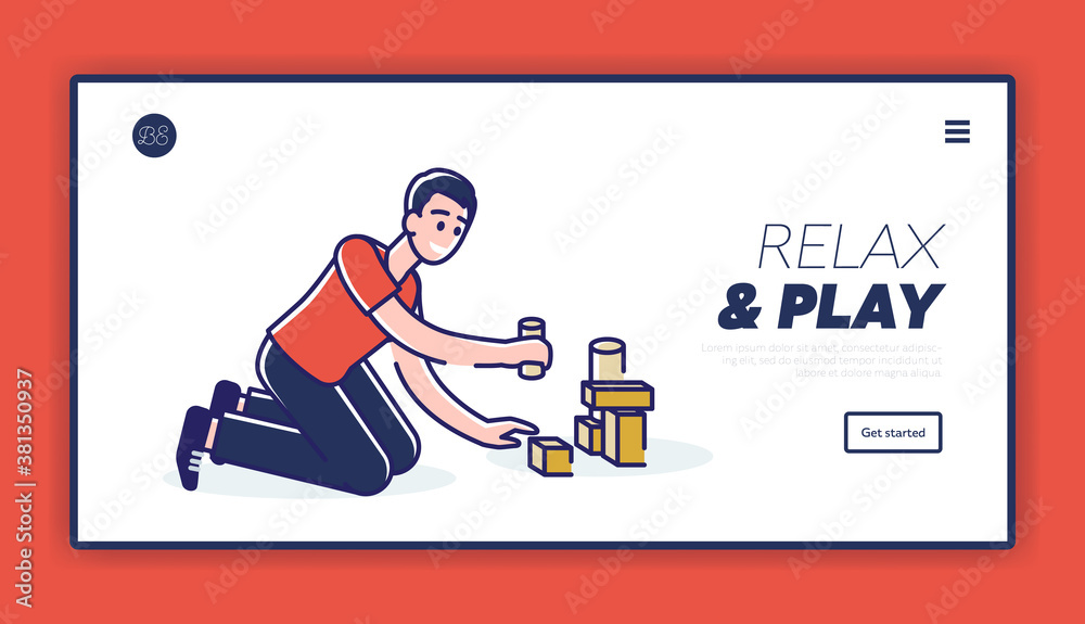 Relax and play landing page with boy building castle from block bricks Relax and play landing page with boy building castle from block bricks