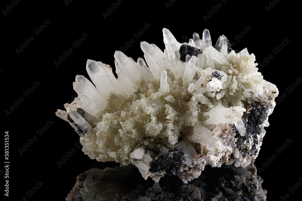 macro stone mineral Quartz Sphalerite on a black background macro stone mineral Quartz Sphalerite on a black background