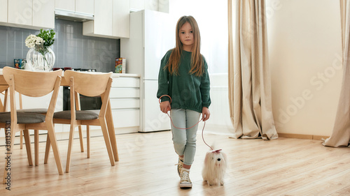 A cute little girl standing in a middle of a kitchen holding a leash of her white toy dog