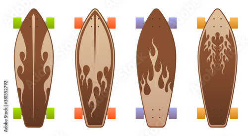 Wooden skate boards with flame design collection.Vector skateboard illustrations from skateboard and longboard collection.